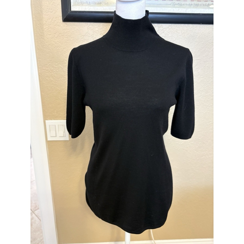 Nordstrom Collection Black Short Sleeve Mock Neck Knit Top, Large, 100% Wool